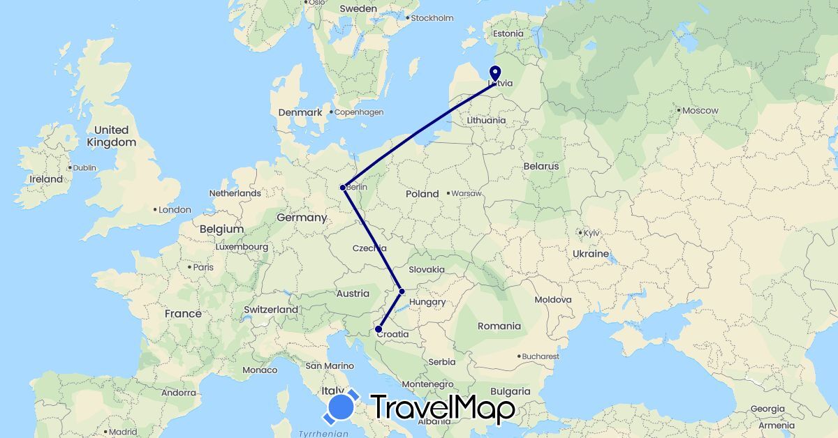 TravelMap itinerary: driving in Germany, Croatia, Hungary, Latvia (Europe)
